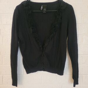 bisou bisou black shred frill button up business cardigan